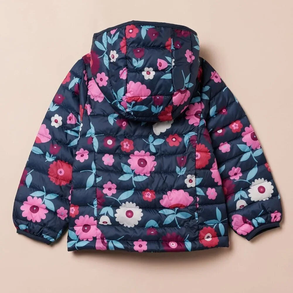 🆕Girls Navy Floral Lightweight Water Resistant Hooded Puffer Jacket Winter Coat